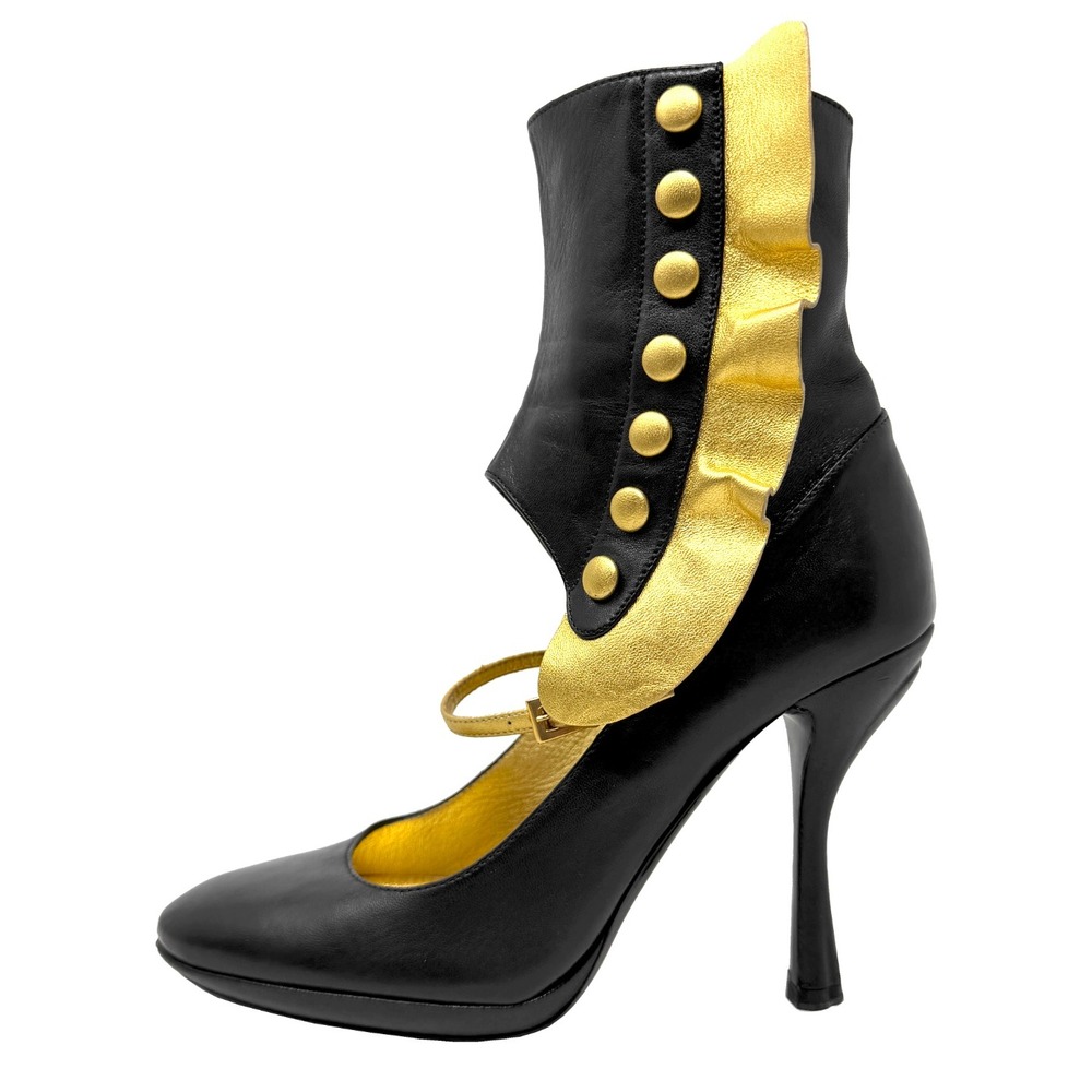 Vintage Prada Black Gold Leather Mary Jane‎ Heels Ankle Boots 37.5 Y2k